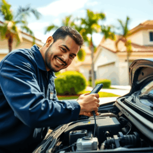 A friendly mobile mechanic working on a car engine with diagnostic tools in a sunny Orlando neighborhood with palm trees.
